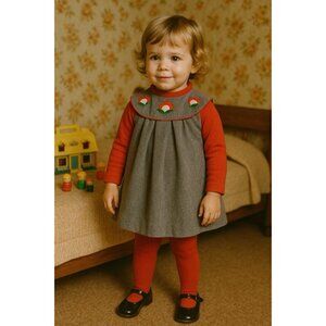 Vintage 1970s Toddler Girls Jumper Dress Sz 2 3 Gray Floral Wool Blend